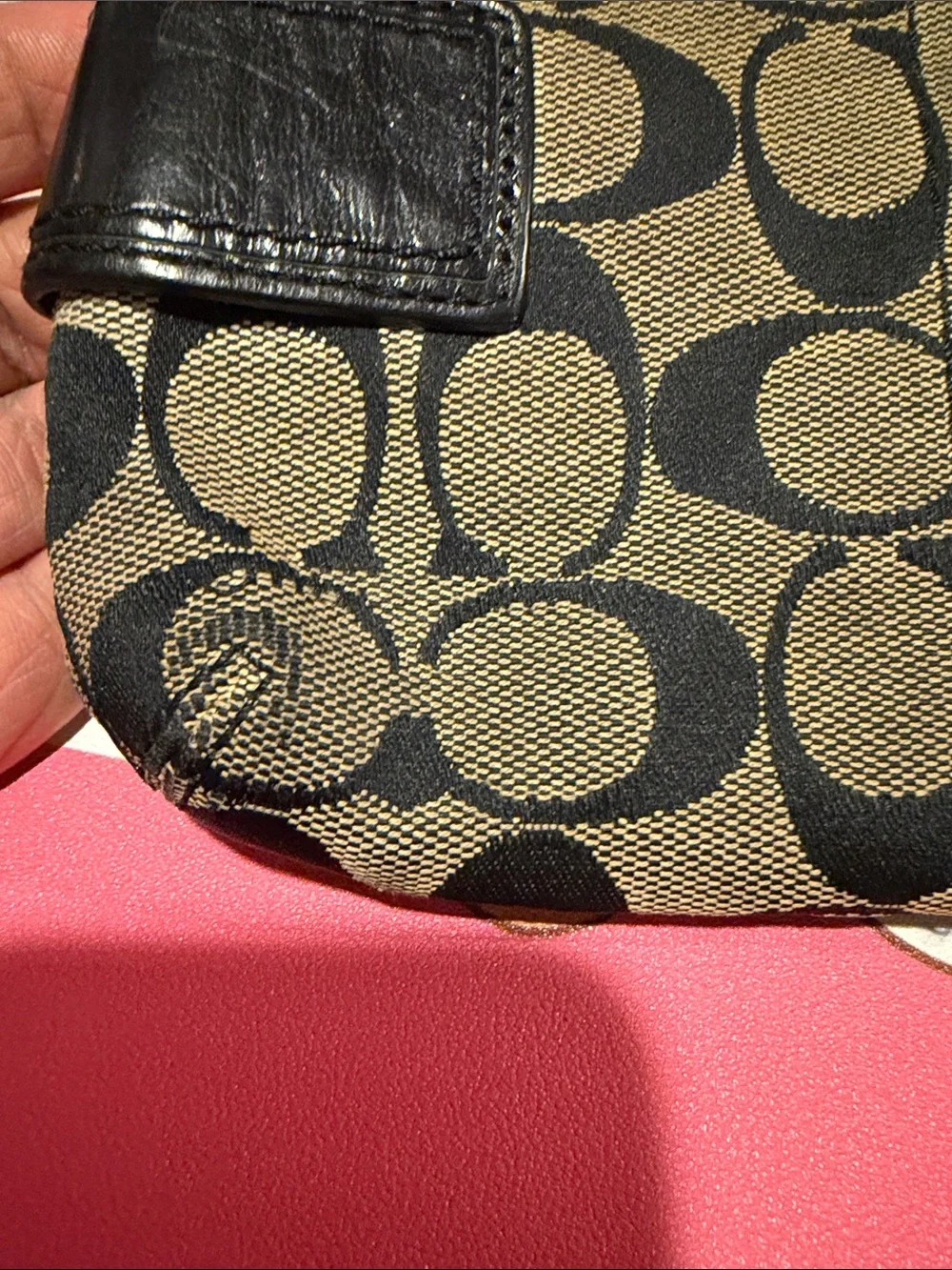 Coach Black & Tan Signature Canvas Wristlet with Buckle Accents